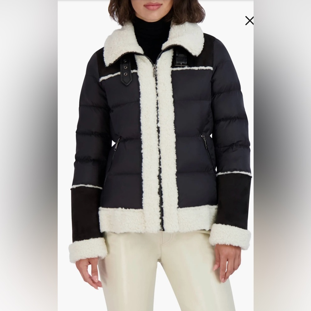 Tahari Black Selena Faux Shearling Trim Mixed Media Jacket Coat Sz XS 2 Money